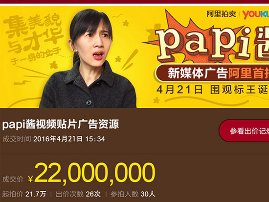 互聯(lián)網(wǎng)廣告新模式！papi醬廣告被拍出2200萬(wàn)