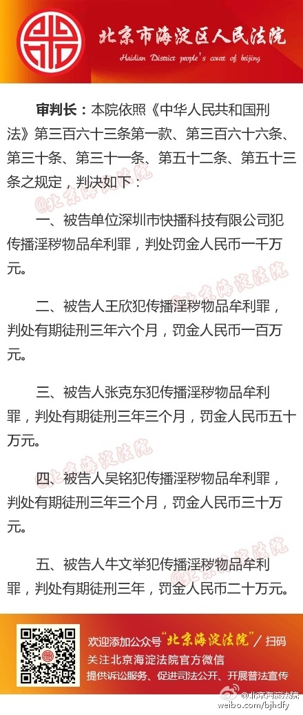 快播案：判處王欣有期徒刑三年六個月