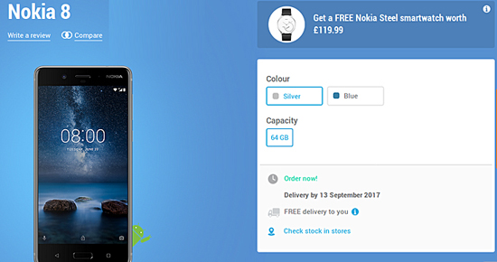 諾基亞8在英售價4218元，購買即送Nokia Steel手表